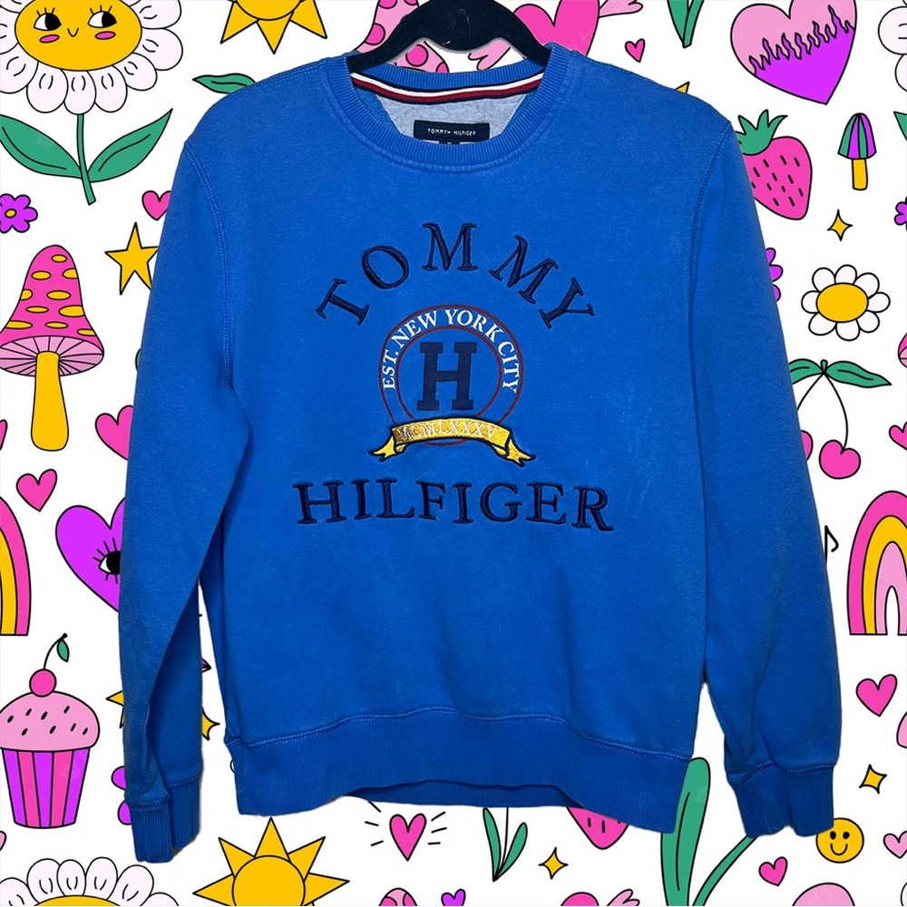 Tommy Hilfiger Unisex Graphic Logo Blue Crewneck Pullover Sweater Medium